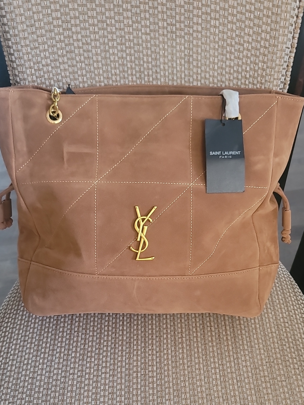 Tan Suede Tote with Gold Hardware